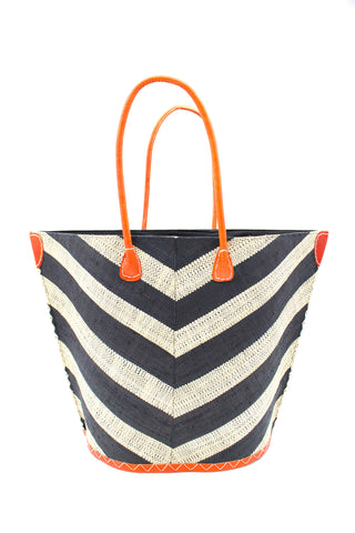 Santa Cruz Wide Stripe Chevron Large Straw Tote Bag: Black Two Tone