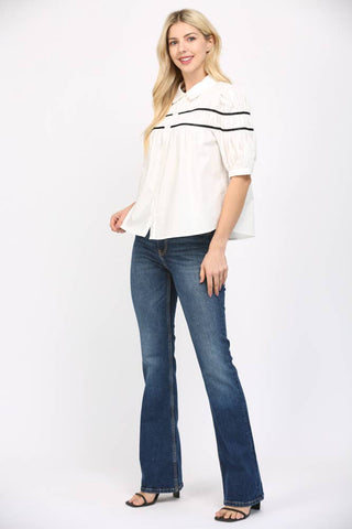 CONTRAST TAPE TRIMMED SHIRRED TOP FT25187: OFF WHITE / L