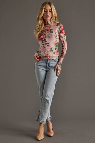 Pink & Green Floral Mesh Top