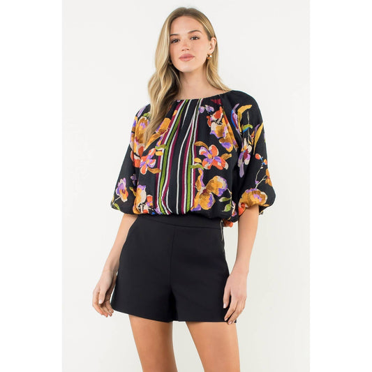 Striped Floral Puff Sleeve Blouse: BLACK / XS-S-M-L(1-2-2-1)