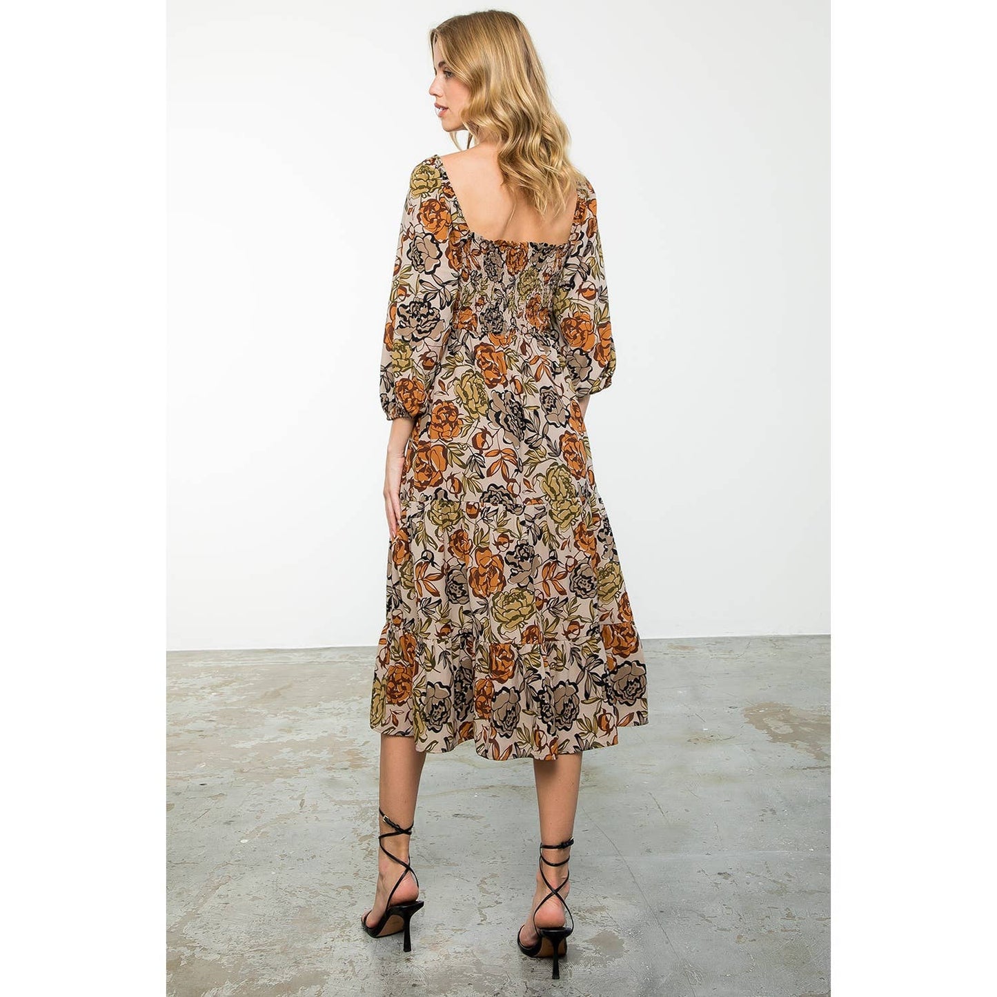 Balloon Sleeve Smocked Floral Print Maxi Dress: TAUPE / XS-S-M-L(1-2-2-1)