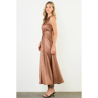Pleated Sleeveless Maxi Dress: BROWN / XS-S-M-L(1-2-2-1)