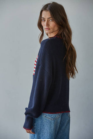 W2411 | Knit Sweater Crew American Flag Pullover: Navy / L