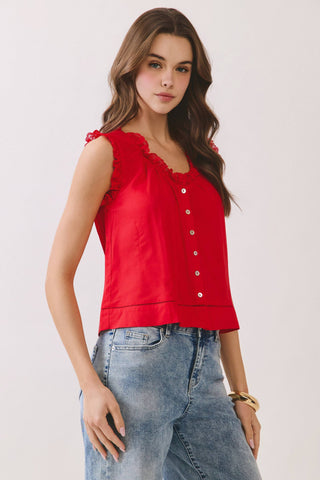 CT9933-Lace Trim Button Front Sleeveless Blouse: Red / S