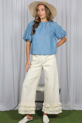 Back Bow Accent Feminine100%Tencel Chambray Top VT82621B: Light Denim / L