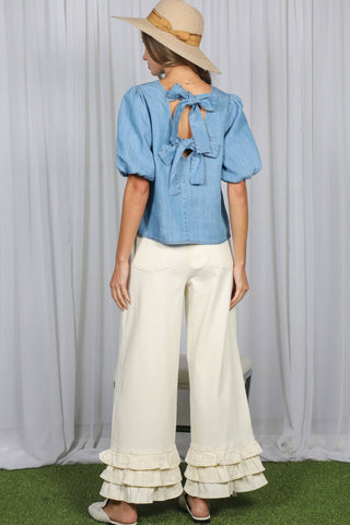 Back Bow Accent Feminine100%Tencel Chambray Top VT82621B: Light Denim / L