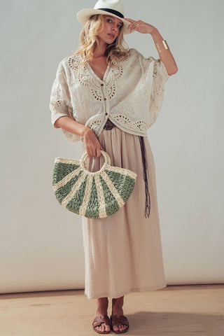 Floral Embroidered Lace Button Front Top: NATURAL