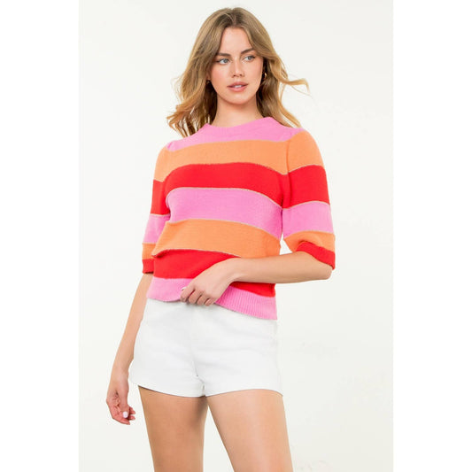 Colorblock Knit Short Sleeve Top: PINK