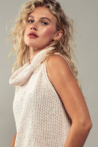 Taylor Sleeveless Cowl Neck Crochet Top: CREAM