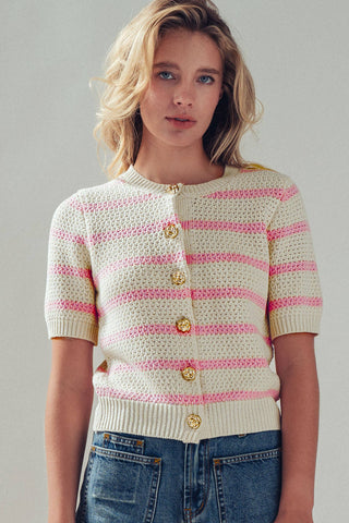 Retro  Striped Textured Knit Button-Up Top: Mocha / S-M-L:2-2-2