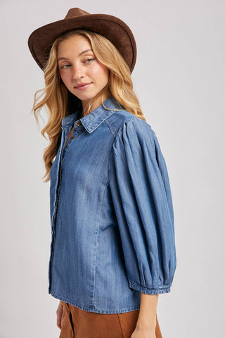 DENIM BUTTON DOWN PUFF SLEEVED SHIRT: LT.WASH / M
