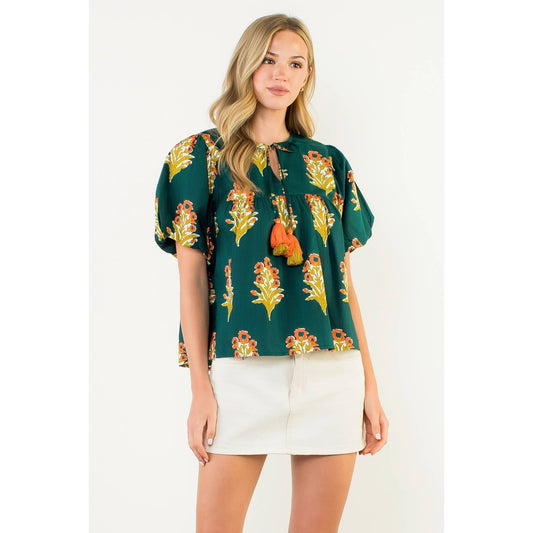 Puff Sleeve Floral Detailed Tie Tassel Top: GREEN / XS-S-M-L(1-2-2-1)