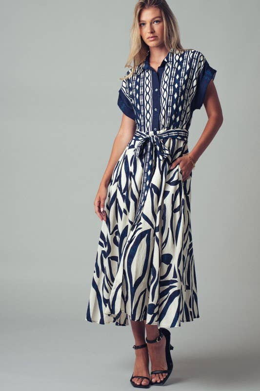 Abstract Print Button-Down Midi Dress: NAVY / S-2/M-2/L-2