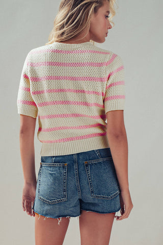 Retro  Striped Textured Knit Button-Up Top: Mocha / S-M-L:2-2-2