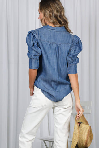Collared Puff Sleeve 100%Tencel Chambray Shirt VT81707K: Light Denim / L