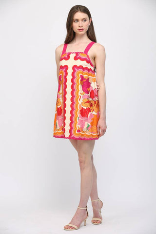 RIC-RAC TRIMMED WIDE SHOULDER STRAP FLORAL DRESS FD34165: IVORY MULTI / S
