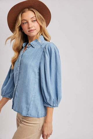 DENIM BUTTON DOWN PUFF SLEEVED SHIRT: LT.WASH / M
