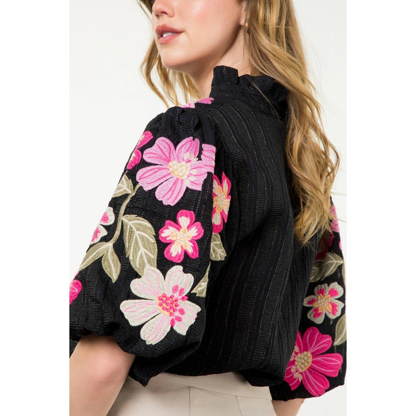 Embroidered Puff Sleeve Textured Top: BLACK