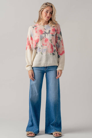 Oversized Floral Print Soft Knit Sweater: CREAM MULTI / SM-ML (3-3)