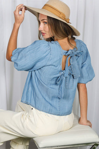 Back Bow Accent Feminine100%Tencel Chambray Top VT82621B: Light Denim / L