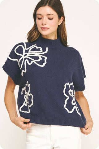 Claire Floral Embroidered Knit Top: Navy