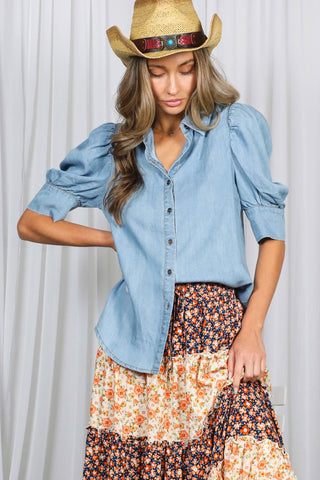 Collared Puff Sleeve 100%Tencel Chambray Shirt VT81707K: Light Denim / L