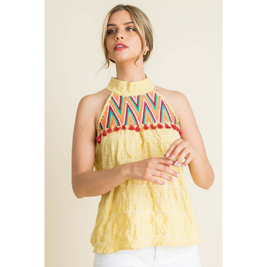 Embroidered Gingham Print Halter Top: YELLOW