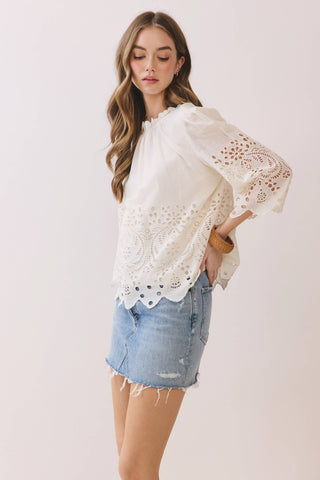 CT9629-Floral Eyelet Embroidery Detail Solid Top: Ivory / M