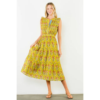 Floral Tiered Long Dress: GREEN / XS-S-M-L(1-2-2-1)