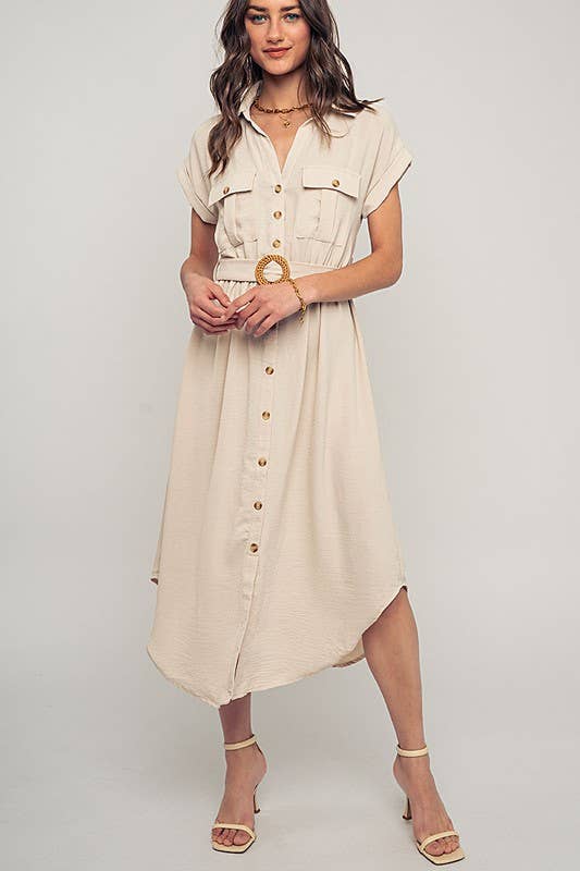 Stationary Icon Midi Shirt Dress: LT KHAKI / S-2/M-2/L-2