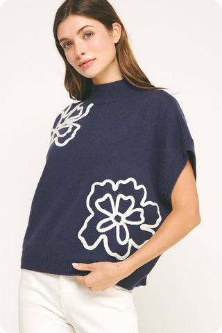 Claire Floral Embroidered Knit Top: Navy