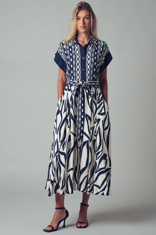 Abstract Print Button-Down Midi Dress: NAVY / S-2/M-2/L-2