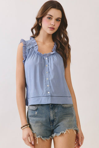 CT9933-Lace Trim Button Front Sleeveless Blouse: Blue / M