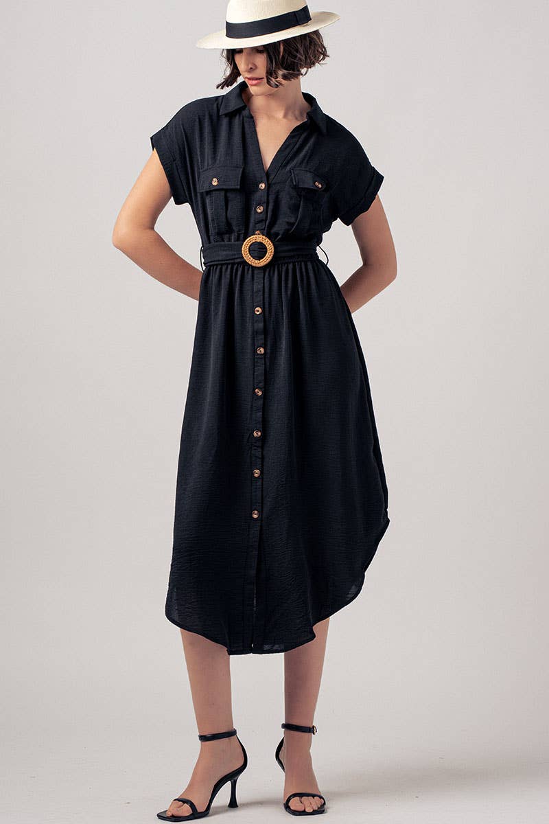 Stationary Icon Midi Shirt Dress: BLACK / S-2/M-2/L-2