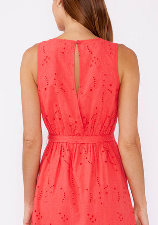 V-Neck Eyelet Midi Dress with Waist Belt: Coral