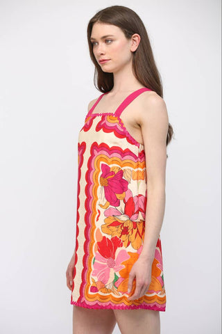RIC-RAC TRIMMED WIDE SHOULDER STRAP FLORAL DRESS FD34165: IVORY MULTI / M