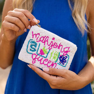 Mahjong Queen Script Beaded Coin Pouch: WHITE