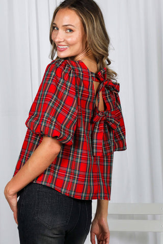 V-Back 2 Bow Accent Feminine Plaid Blouse Top VT82621A: Hunter Green / S