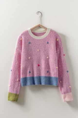 Embroidered Heart Colorblock Knit Sweater