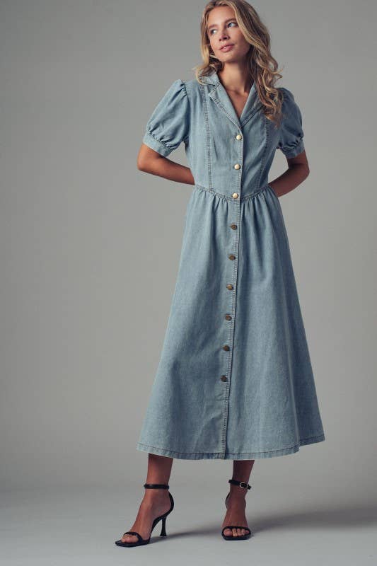 Lydia Button-Down Puff Sleeve Denim Dress