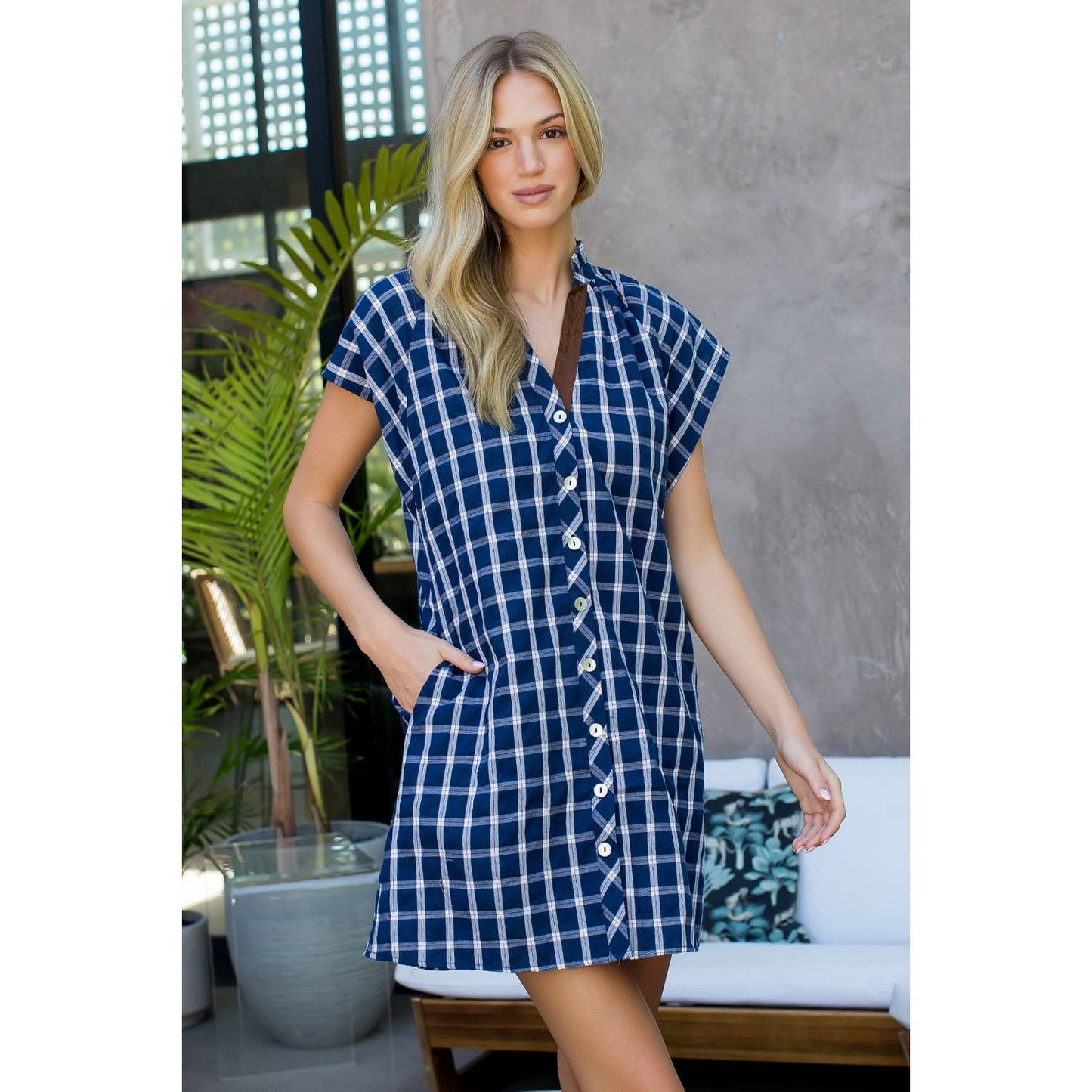 Plaid Button Front Short Sleeve Dress: NAVY / XS-S-M-L(1-2-2-1)