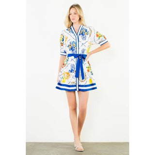 Button Fruit Print Dress With Tie Waist: CREAM / XS-S-M-L(1-2-2-1)