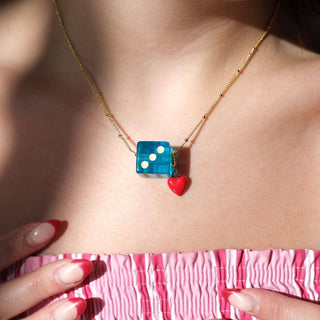 Aqua Blue Dice Charm Necklace: Gold