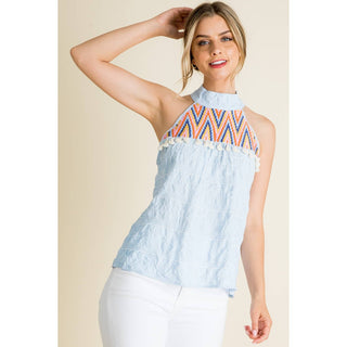 Embroidered Gingham Print Halter Top