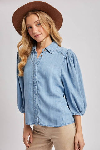 DENIM BUTTON DOWN PUFF SLEEVED SHIRT: LT.WASH / L