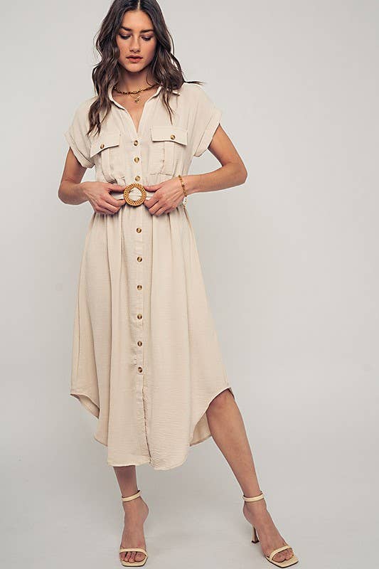 Stationary Icon Midi Shirt Dress: LT KHAKI / S-2/M-2/L-2