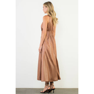 Pleated Sleeveless Maxi Dress: BROWN / XS-S-M-L(1-2-2-1)