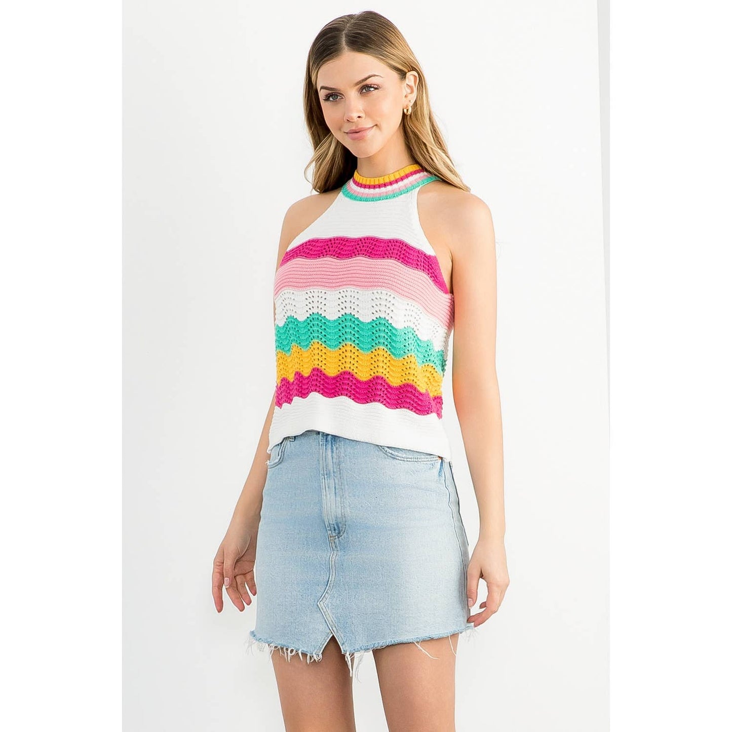 Cream Sleeveless Halter Knit Top with Color Stripe Detail: CREAM
