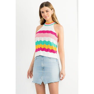 Cream Sleeveless Halter Knit Top with Color Stripe Detail: CREAM