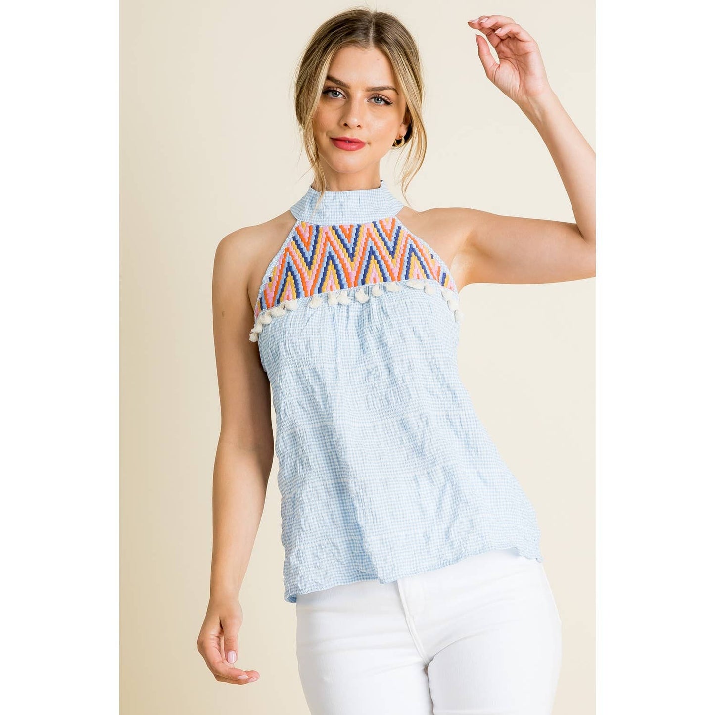Embroidered Gingham Print Halter Top
